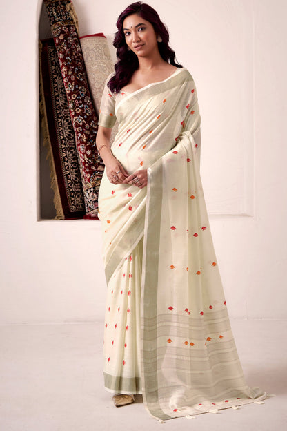 Super Extravagant Beige Cotton Silk Saree With Amazing Blouse Piece