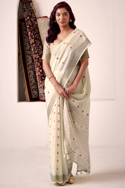 Super Extravagant Beige Cotton Silk Saree With Amazing Blouse Piece