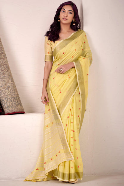 Evocative Yellow Cotton Silk Saree With Elegant Blouse Piece