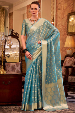 Forbearance Firozi Soft Banarasi Tissue Silk Saree With Vestigial Blouse Piece