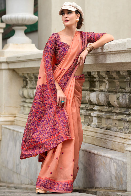 Load image into Gallery viewer, Gossamer Peach Cotton Silk Saree With Fragrant Blouse Piece
