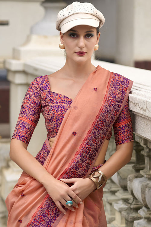 Load image into Gallery viewer, Gossamer Peach Cotton Silk Saree With Fragrant Blouse Piece
