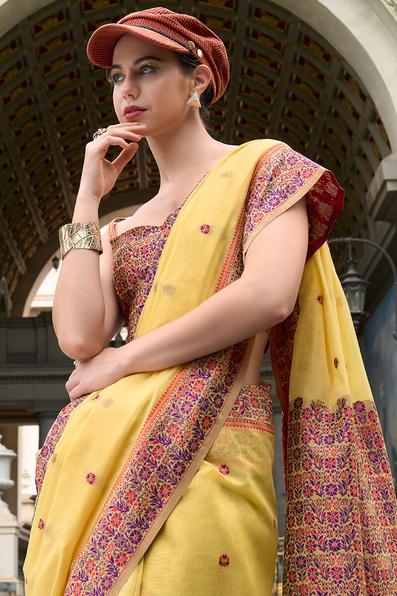 Sempiternal Yellow Cotton Silk Saree With Denouement Blouse Piece