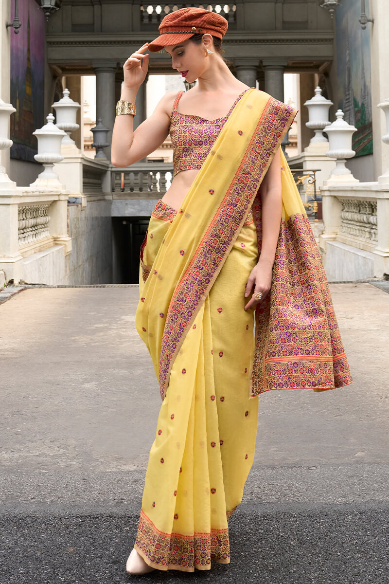 Sempiternal Yellow Cotton Silk Saree With Denouement Blouse Piece