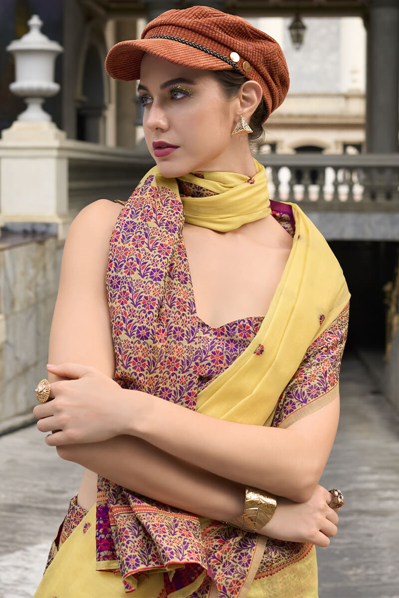 Sempiternal Yellow Cotton Silk Saree With Denouement Blouse Piece