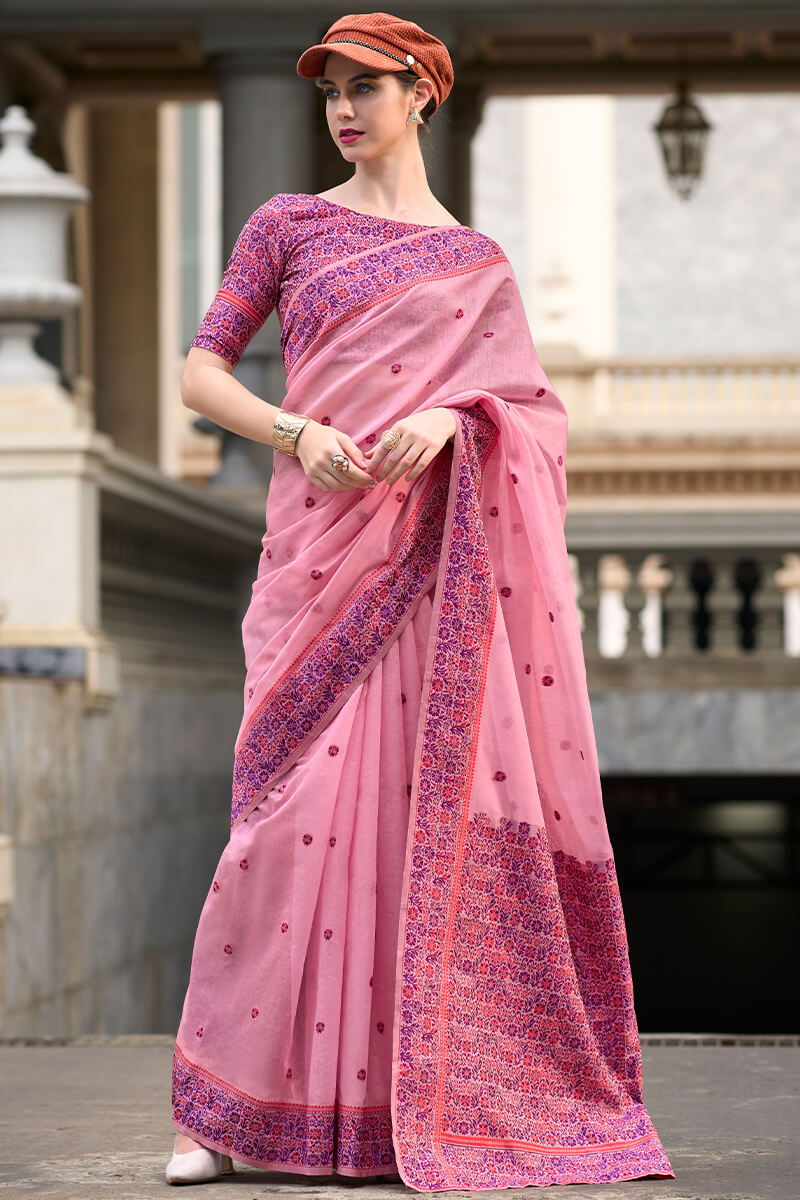 Proficient Pink Cotton Silk Saree With Piquant Blouse Piece