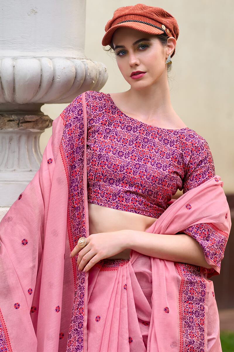 Proficient Pink Cotton Silk Saree With Piquant Blouse Piece