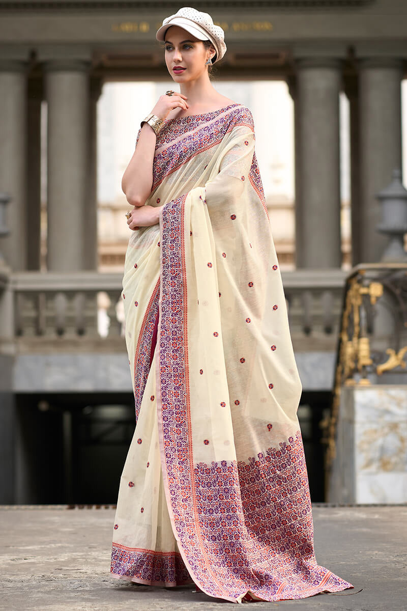 Quixotic Beige Cotton Silk Saree With Lustrous Blouse Piece