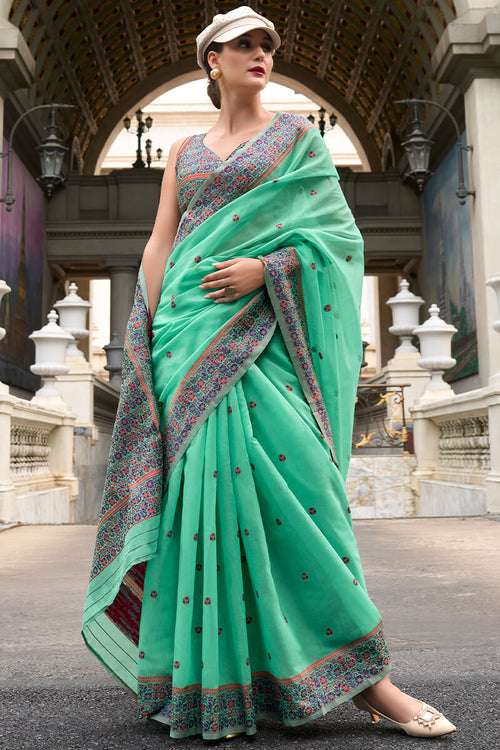 Load image into Gallery viewer, Cynosure Sea Green Cotton Silk Saree With Mellifluous Blouse Piece
