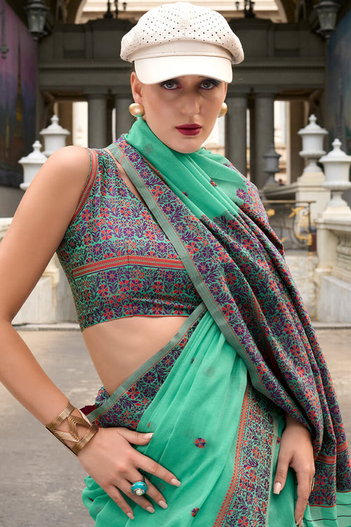 Load image into Gallery viewer, Cynosure Sea Green Cotton Silk Saree With Mellifluous Blouse Piece
