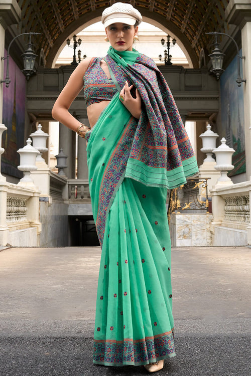 Load image into Gallery viewer, Cynosure Sea Green Cotton Silk Saree With Mellifluous Blouse Piece
