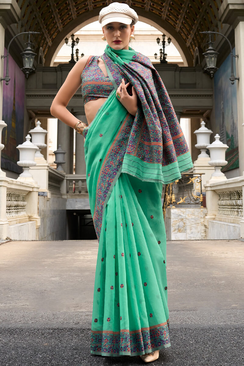 Cynosure Sea Green Cotton Silk Saree With Mellifluous Blouse Piece