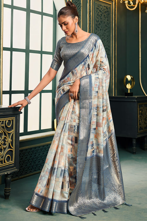 Load image into Gallery viewer, Blissful Grey Digital Printed Cotton Silk Saree With Blooming Blouse Piece
