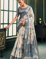 Blissful Grey Digital Printed Cotton Silk Saree With Blooming Blouse Piece