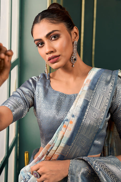 Load image into Gallery viewer, Blissful Grey Digital Printed Cotton Silk Saree With Blooming Blouse Piece
