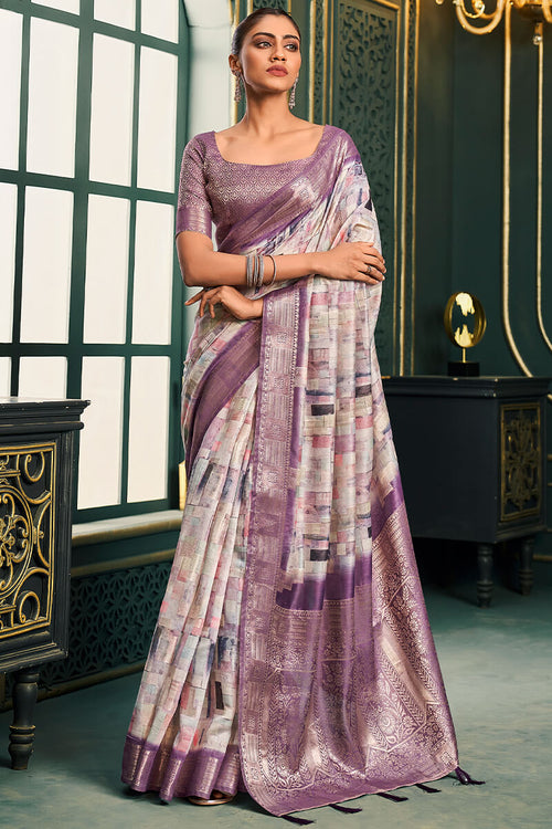 Load image into Gallery viewer, Phenomenal Lavender Digital Printed Cotton Silk Saree With Attractive Blouse Piece
