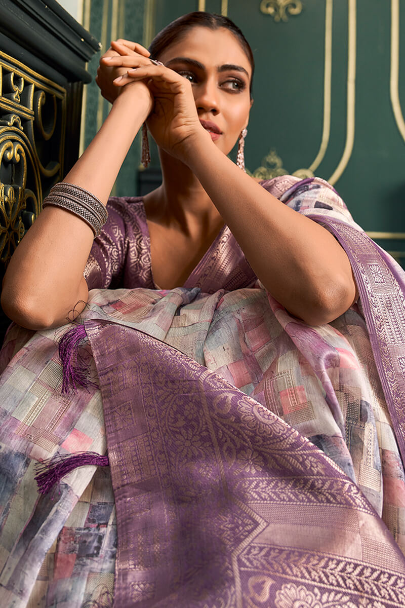 Phenomenal Lavender Digital Printed Cotton Silk Saree With Attractive Blouse Piece