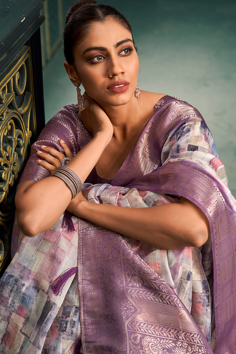 Phenomenal Lavender Digital Printed Cotton Silk Saree With Attractive Blouse Piece