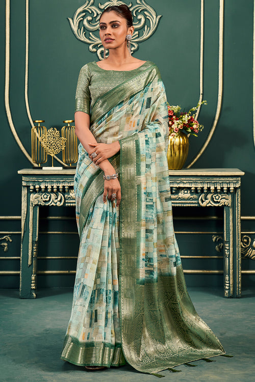 Load image into Gallery viewer, Flattering Green Digital Printed Cotton Silk Saree With Outstanding Blouse Piece
