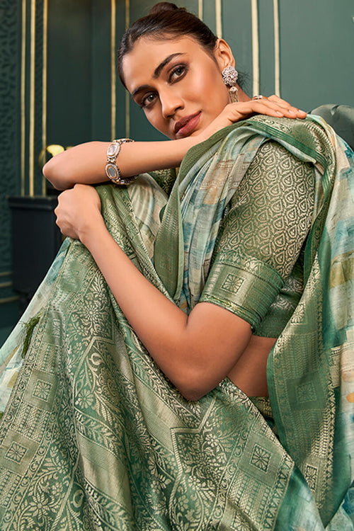 Load image into Gallery viewer, Flattering Green Digital Printed Cotton Silk Saree With Outstanding Blouse Piece
