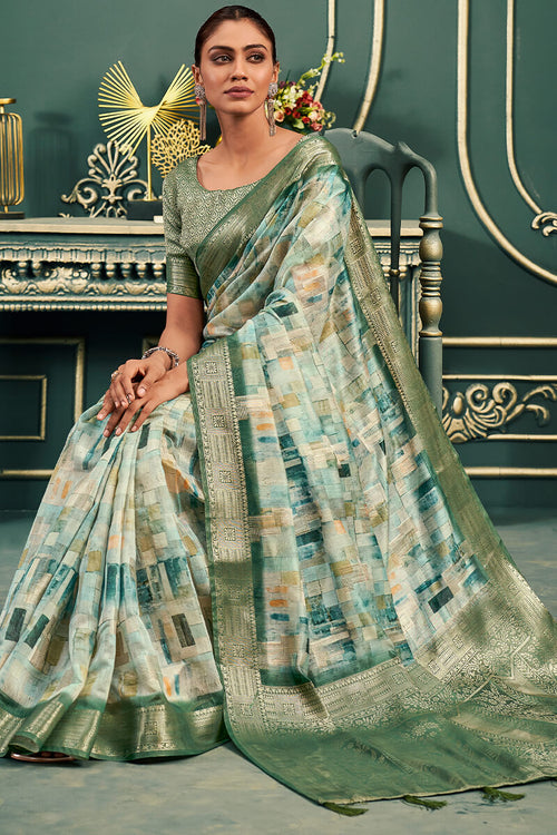 Load image into Gallery viewer, Flattering Green Digital Printed Cotton Silk Saree With Outstanding Blouse Piece
