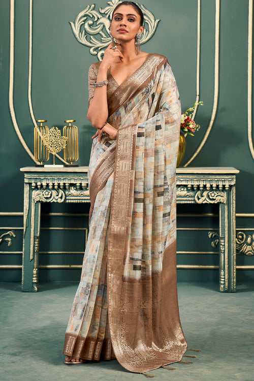 Load image into Gallery viewer, Majesty Brown Digital Printed Cotton Silk Saree With Stunner Blouse Piece
