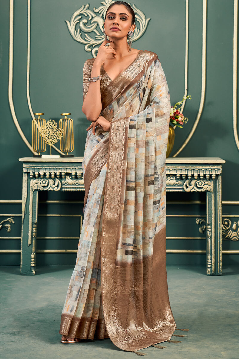 Majesty Brown Digital Printed Cotton Silk Saree With Stunner Blouse Piece