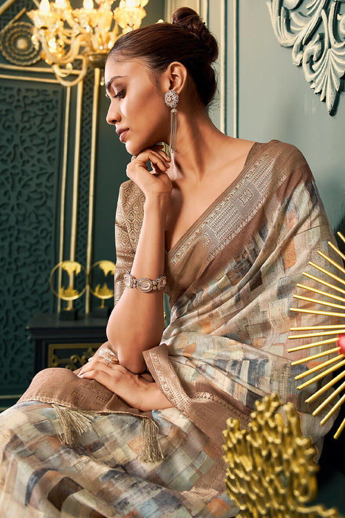 Load image into Gallery viewer, Majesty Brown Digital Printed Cotton Silk Saree With Stunner Blouse Piece
