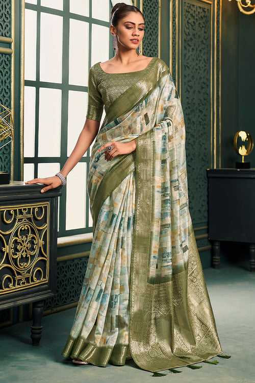 Load image into Gallery viewer, Beleaguer Mehndi Digital Printed Cotton Silk Saree With Ebullience Blouse Piece
