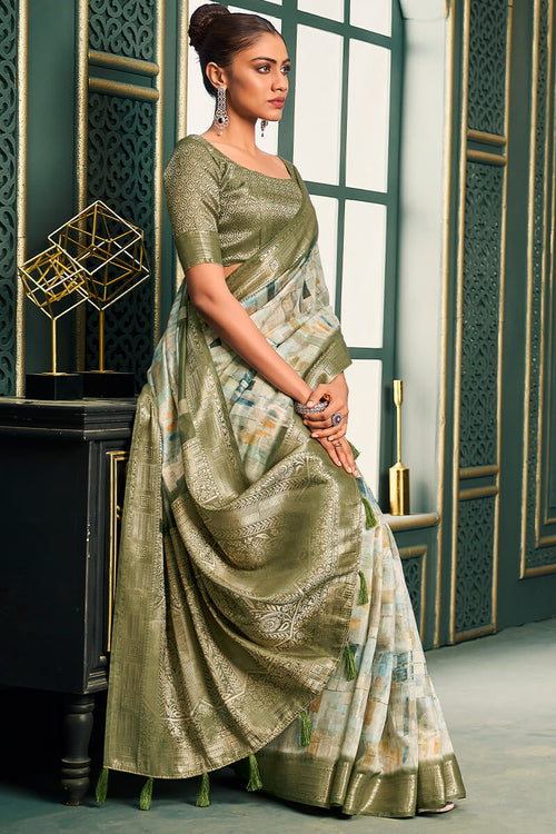 Load image into Gallery viewer, Beleaguer Mehndi Digital Printed Cotton Silk Saree With Ebullience Blouse Piece
