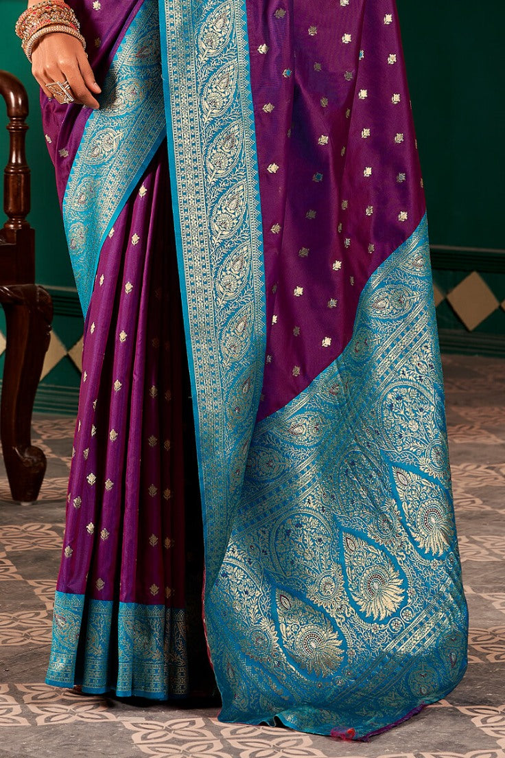 Traditional Purple Soft Banarasi Silk Saree With Assemblage Blouse Piece