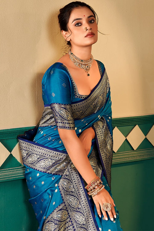 Load image into Gallery viewer, Brood Blue Soft Banarasi Silk Saree With Ebullience Blouse Piece
