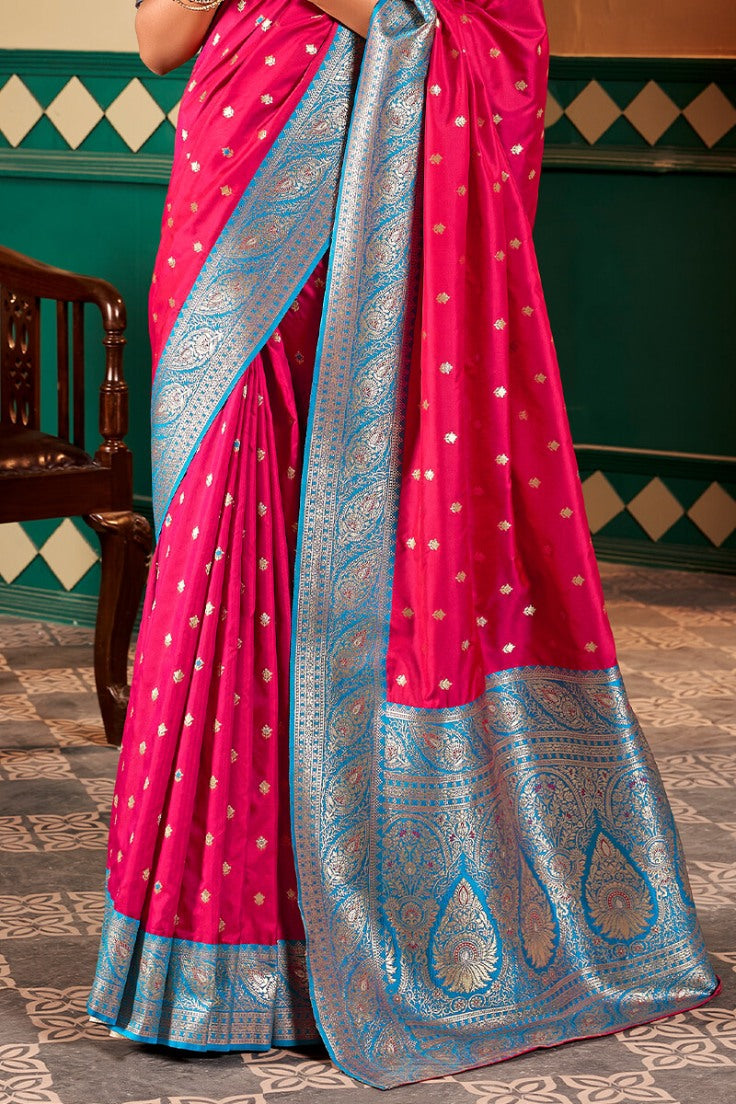 Elision Dark Pink Soft Banarasi Silk Saree With Redolent Blouse Piece