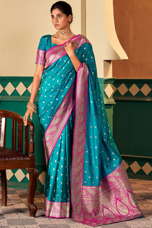 Load image into Gallery viewer, Woebegone Firozi Soft Banarasi Silk Saree With Amiable Blouse Piece
