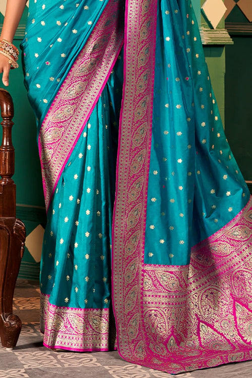 Load image into Gallery viewer, Woebegone Firozi Soft Banarasi Silk Saree With Amiable Blouse Piece
