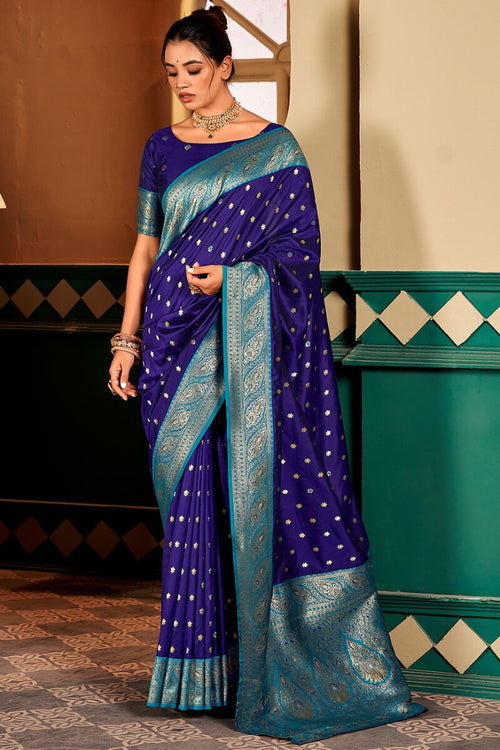 Load image into Gallery viewer, Fragrant Navy Blue Soft Banarasi Silk Saree With Exuberant Blouse Piece
