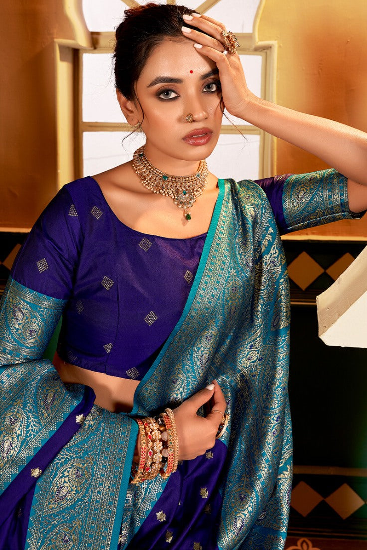 Fragrant Navy Blue Soft Banarasi Silk Saree With Exuberant Blouse Piece