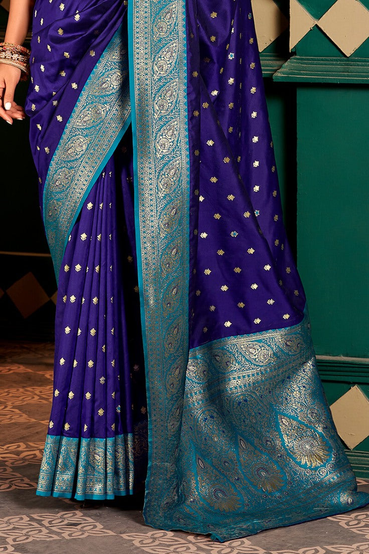 Fragrant Navy Blue Soft Banarasi Silk Saree With Exuberant Blouse Piece