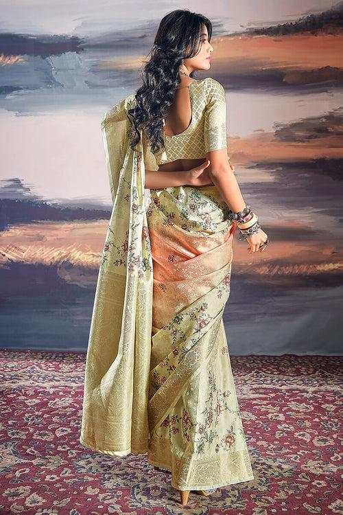 Load image into Gallery viewer, Luxuriant Pista Digital Printed Satin Silk Saree With Mellifluous Blouse Piece
