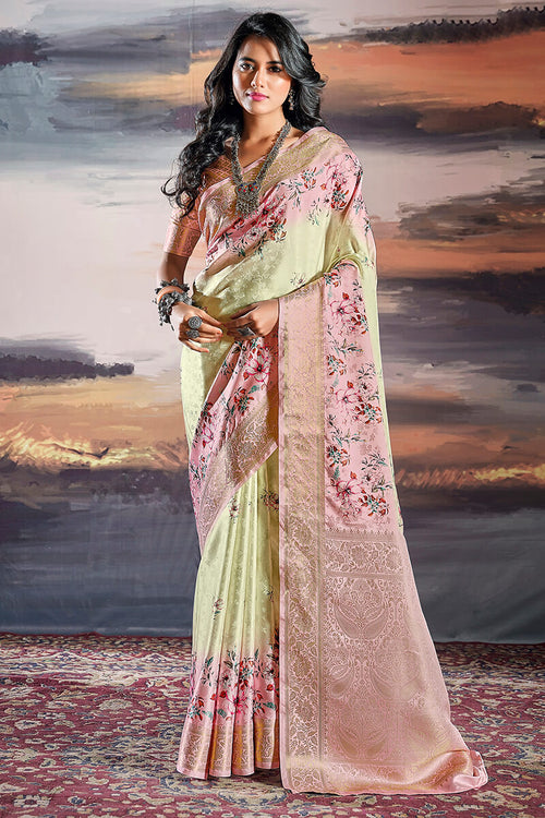 Load image into Gallery viewer, Susurrous Pista Digital Printed Satin Silk Saree With Grandiose Blouse Piece
