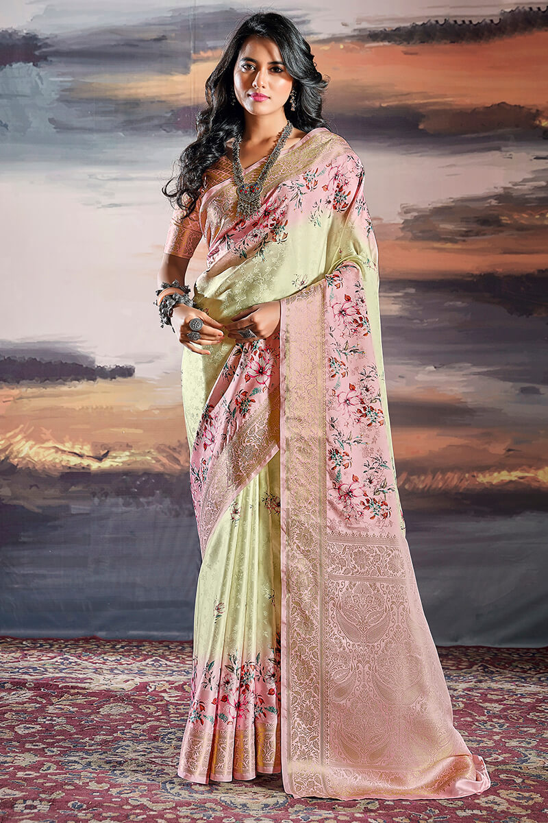 Susurrous Pista Digital Printed Satin Silk Saree With Grandiose Blouse Piece