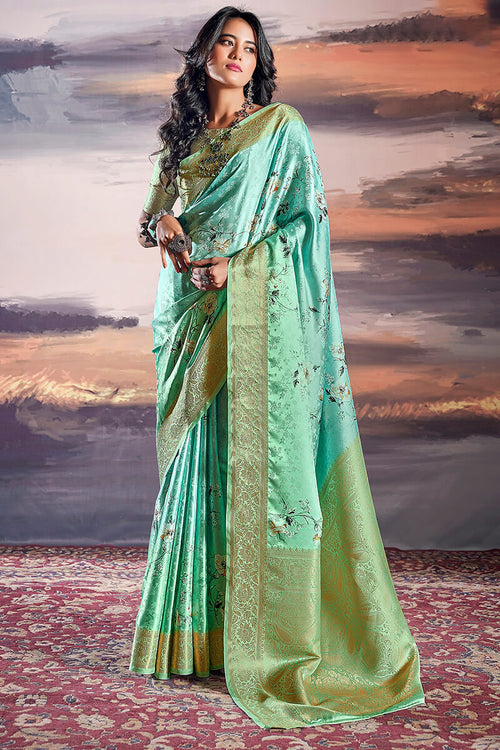 Load image into Gallery viewer, Palimpsest Sea Green Digital Printed Satin Silk Saree With Lustrous Blouse Piece
