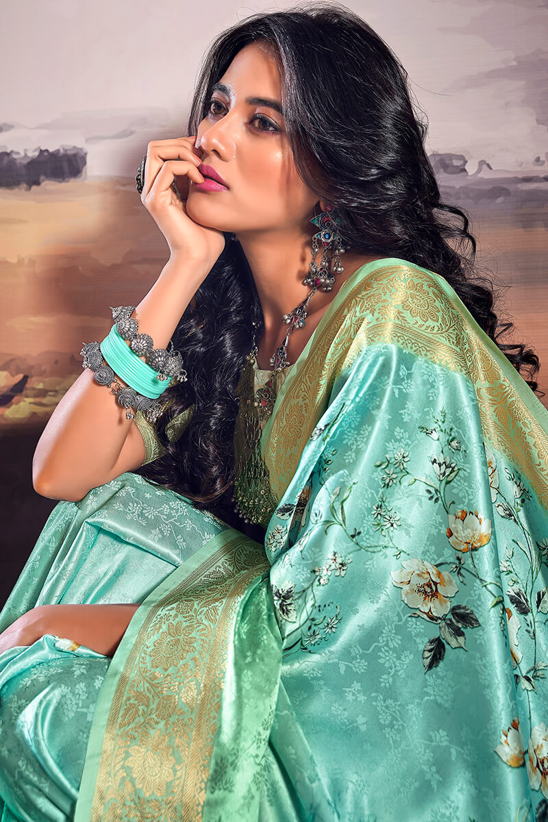 Palimpsest Sea Green Digital Printed Satin Silk Saree With Lustrous Blouse Piece