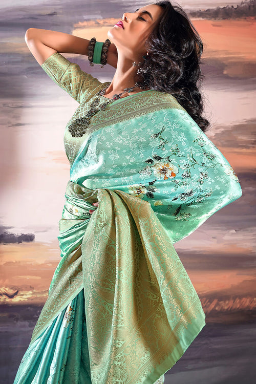 Load image into Gallery viewer, Palimpsest Sea Green Digital Printed Satin Silk Saree With Lustrous Blouse Piece
