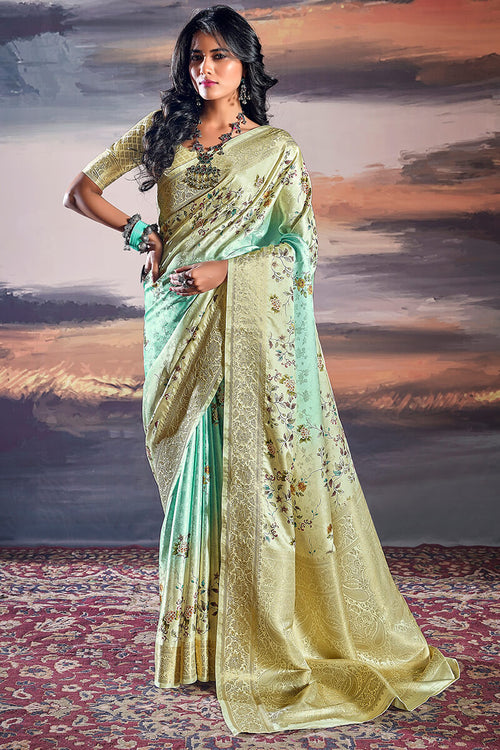 Load image into Gallery viewer, Dalliance Turquoise Digital Printed Satin Silk Saree With Charismatic Blouse Piece
