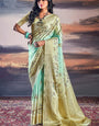 Dalliance Turquoise Digital Printed Satin Silk Saree With Charismatic Blouse Piece