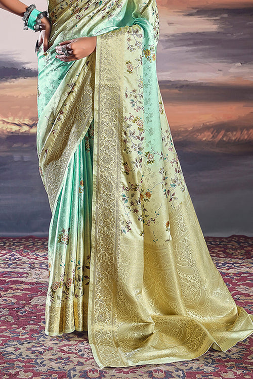 Load image into Gallery viewer, Dalliance Turquoise Digital Printed Satin Silk Saree With Charismatic Blouse Piece
