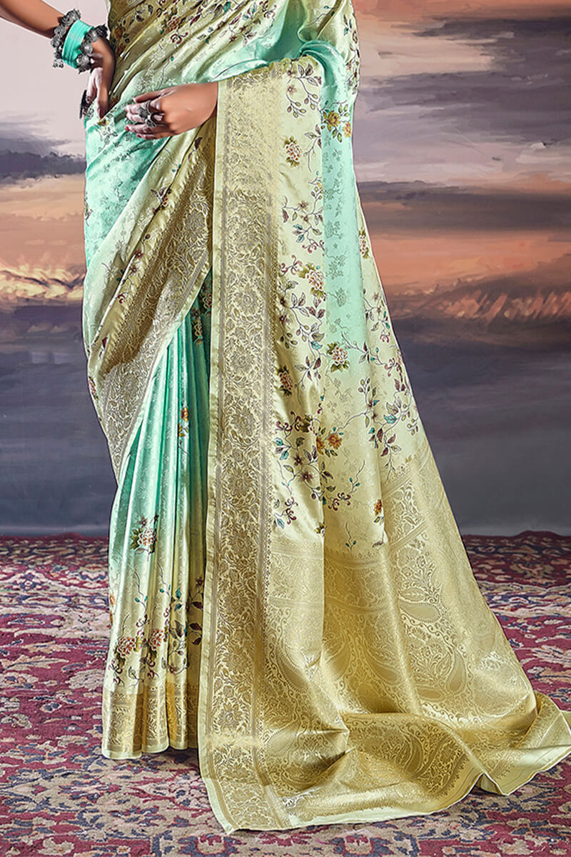 Dalliance Turquoise Digital Printed Satin Silk Saree With Charismatic Blouse Piece