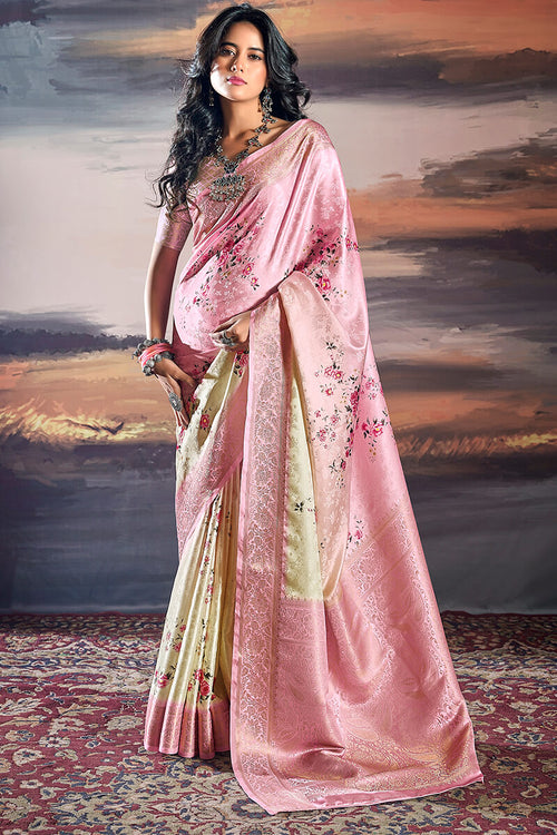 Load image into Gallery viewer, Comely Baby Pink Digital Printed Satin Silk Saree With Inimitable Blouse Piece
