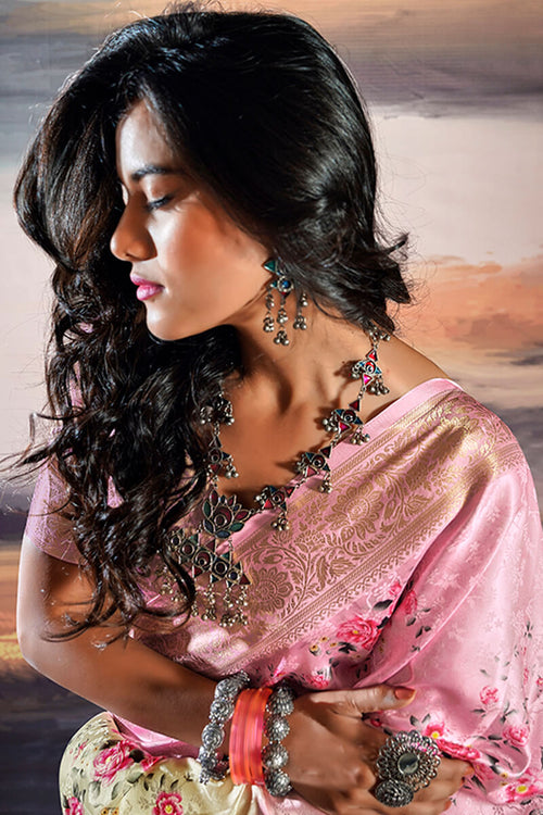 Load image into Gallery viewer, Comely Baby Pink Digital Printed Satin Silk Saree With Inimitable Blouse Piece
